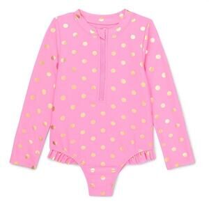 Wonder Nation Girls Zip Rash Guard One-Piece Swimsuit Pink/Gold Polka Dot 2T NWT